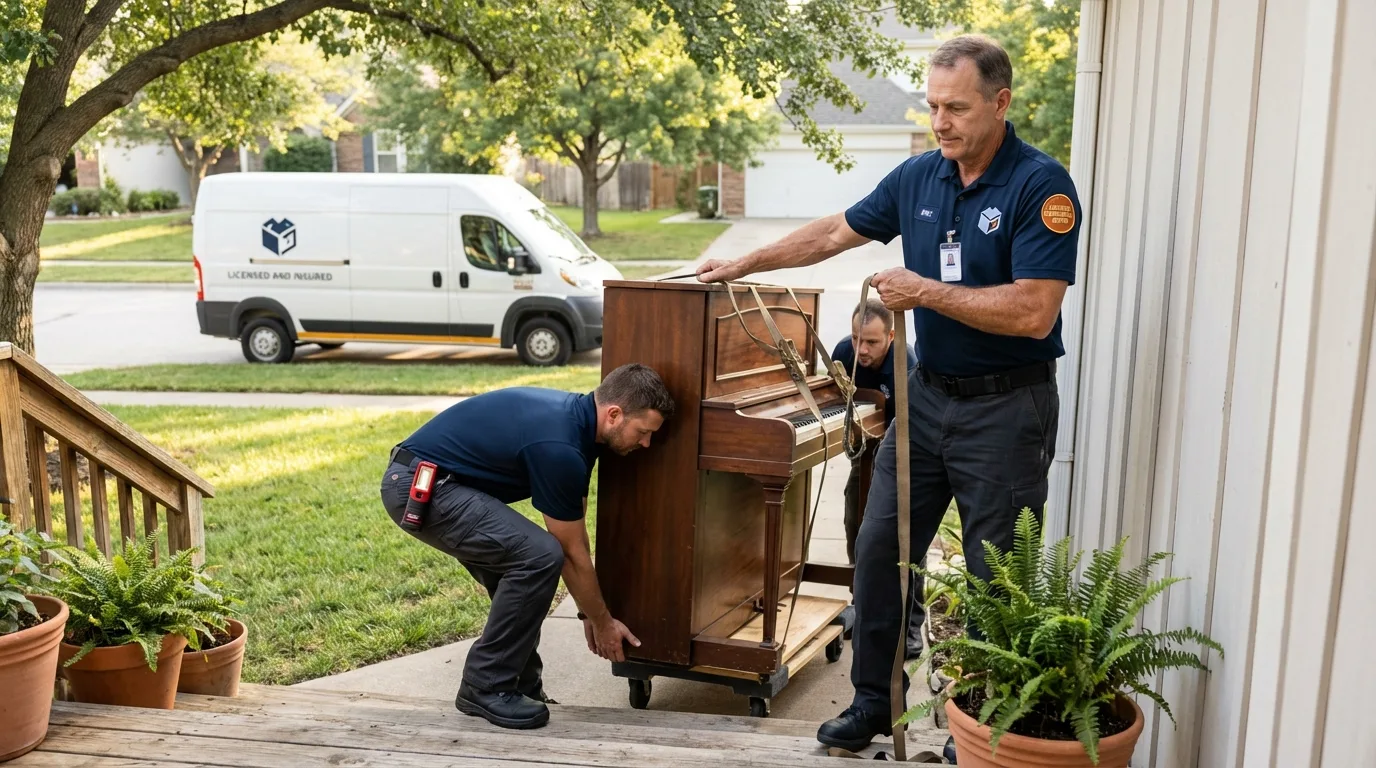 Licensed piano movers securing grand piano in Ahwahnee, CA
