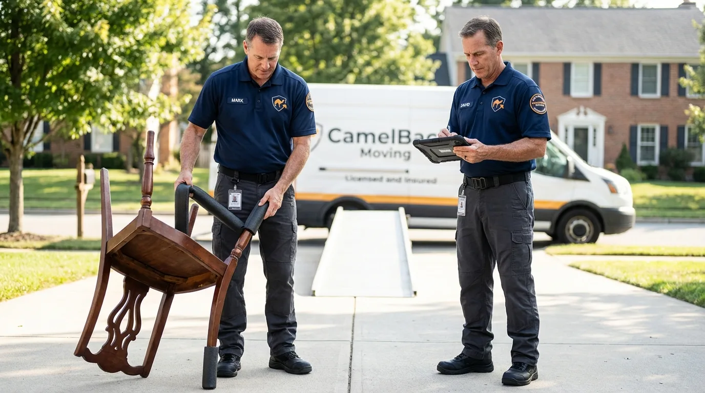 Movers inspecting furniture for damage prevention before loading in Ahwahnee, CA